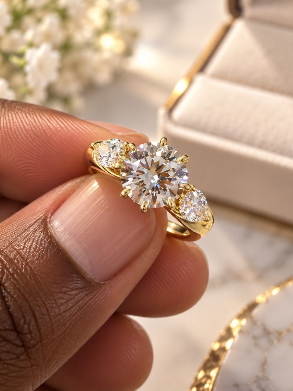 14K Gold Filled Three-Stone AAAAA Cubic Zirconia Engagement Ring - Size 8